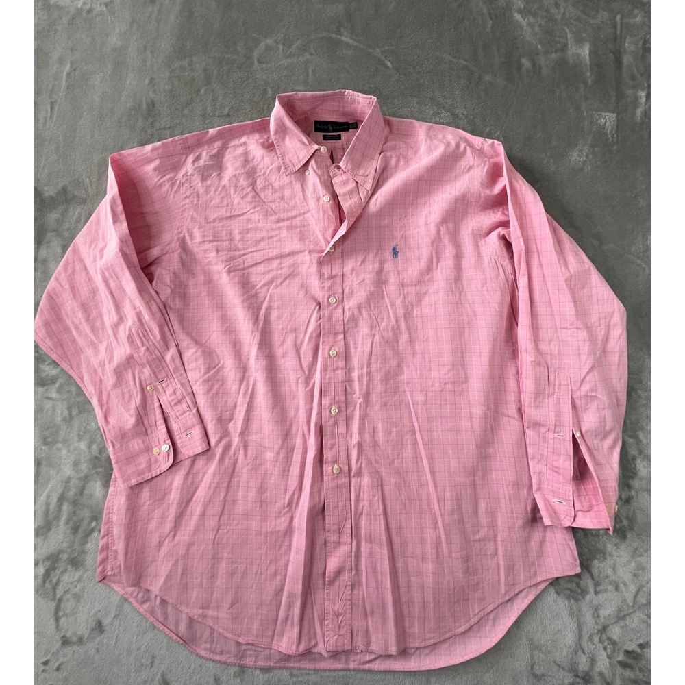 Ralph Lauren Button Down Mens 17.5 34/35 Pink Yarmouth Plaid Cotton Shirt